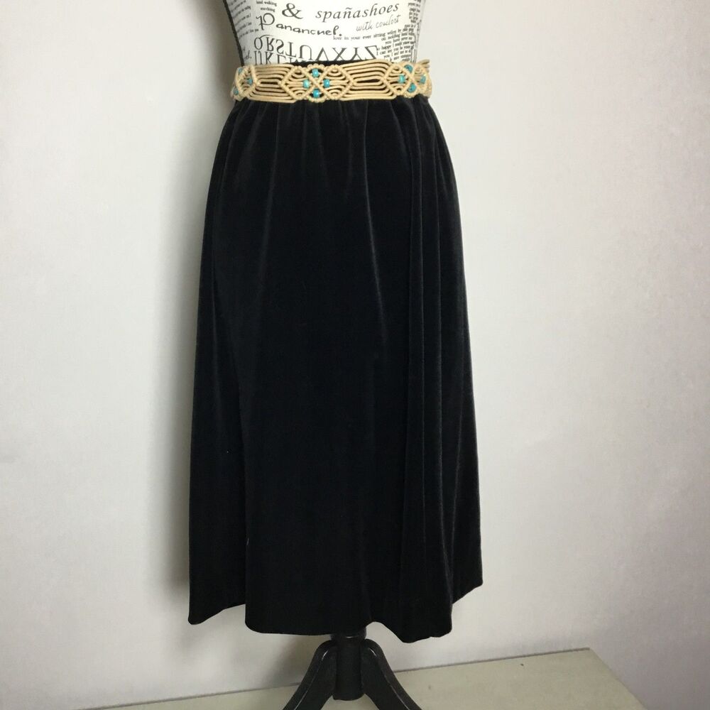Black velour midi A-line skirt western witchy 1970s 70s waist 26"-30" 8 petite